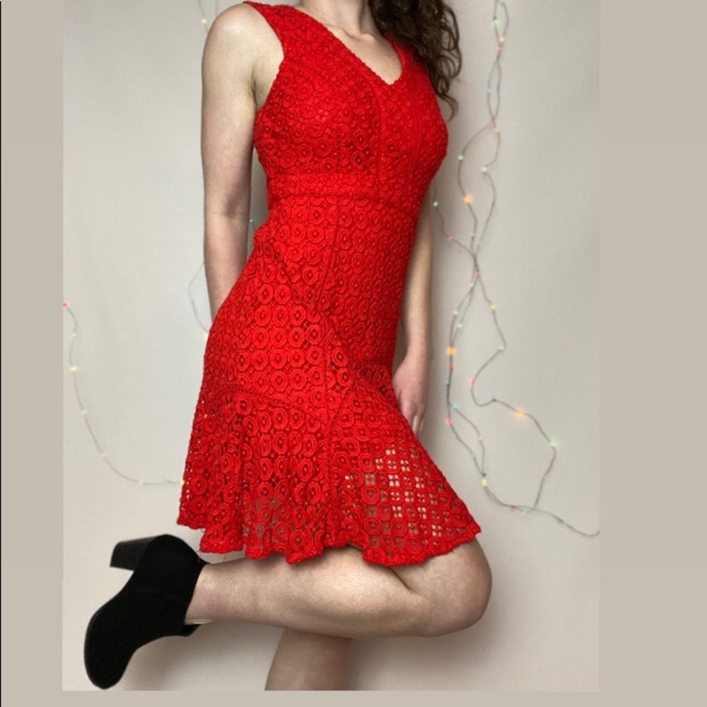 San & Soni for Anthropologie cocktail dress! All red with Embroidered details!
